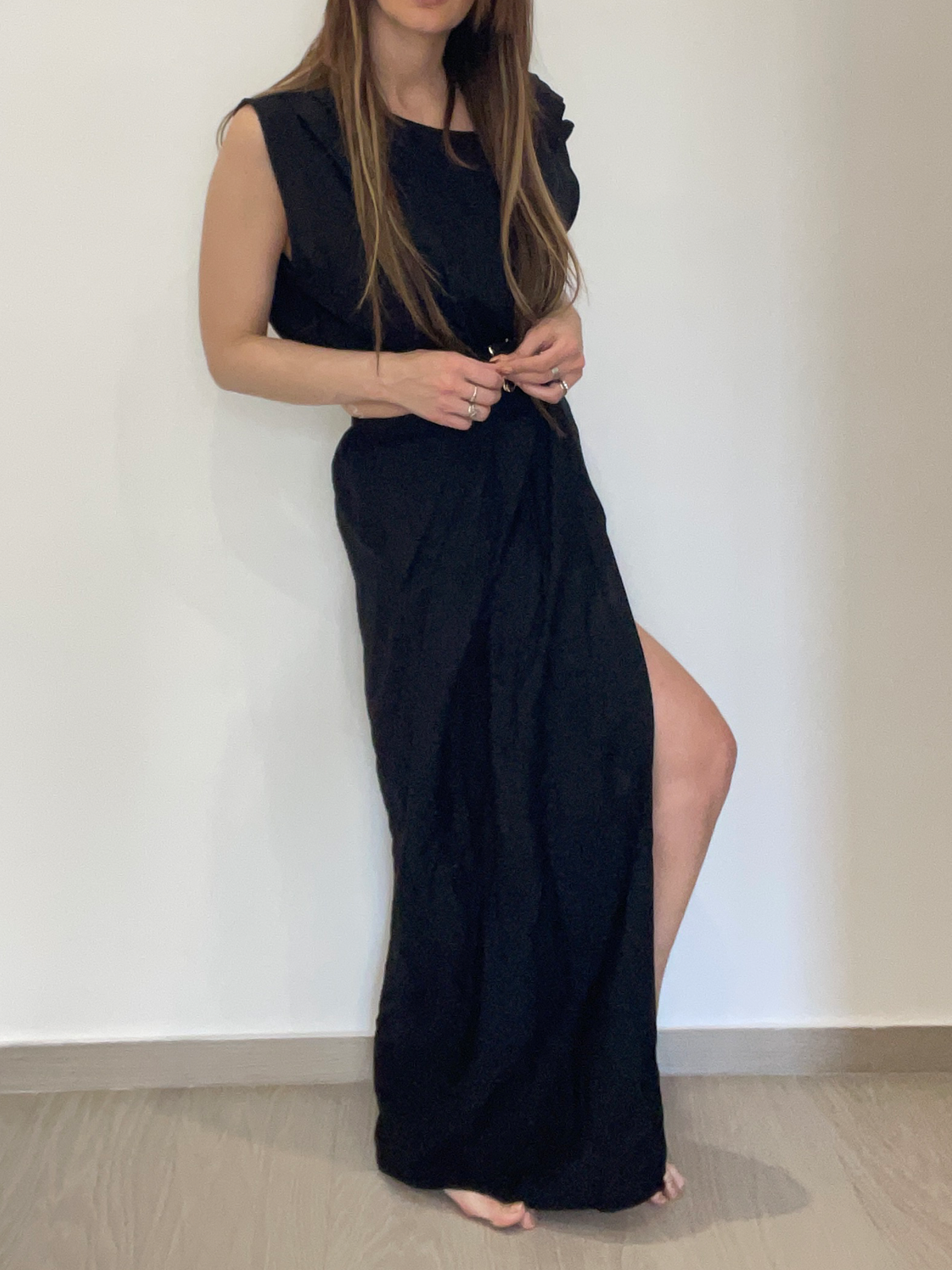 Lucilla Black - Abito lungo da donna  – elegante con spacco e cintura in vita