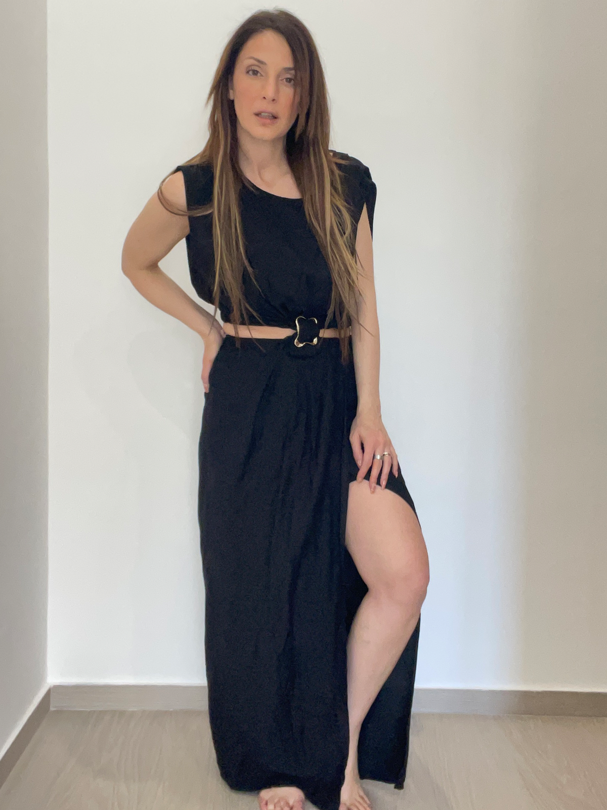 Lucilla Black - Abito lungo da donna  – elegante con spacco e cintura in vita
